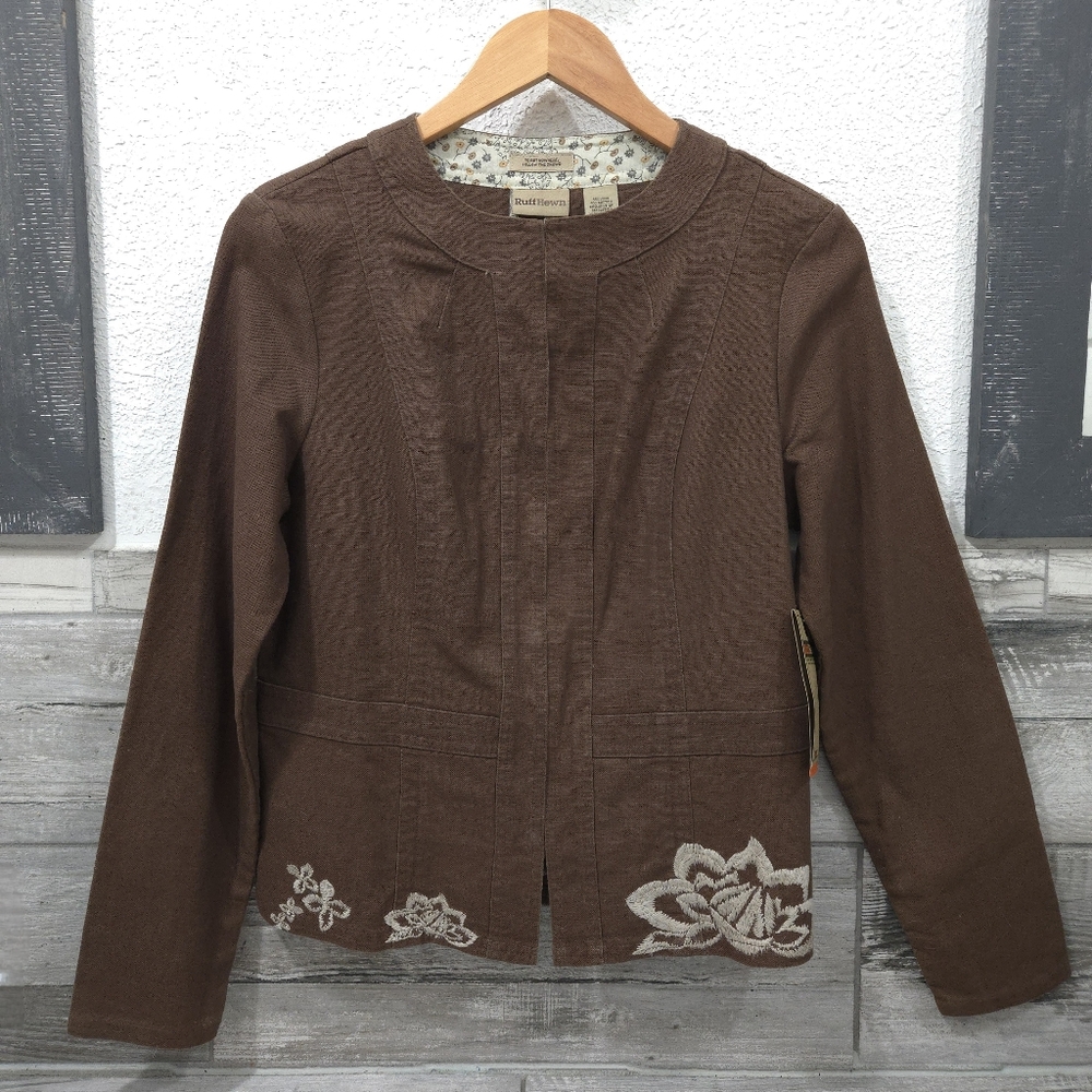 NWT Y2K RUFF HEWN Linen & Cotton Blend Embroidered Collarless Jacket - Picture 4 of 16